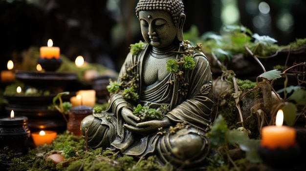 Bezpłatne zdjęcie postać buddy medytuje w otoczeniu natury i miękkiego światła świec