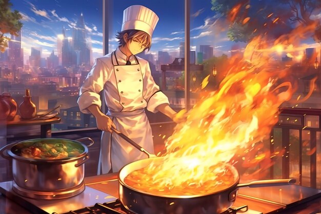 Postać szefa kuchni w stylu anime z ogniem