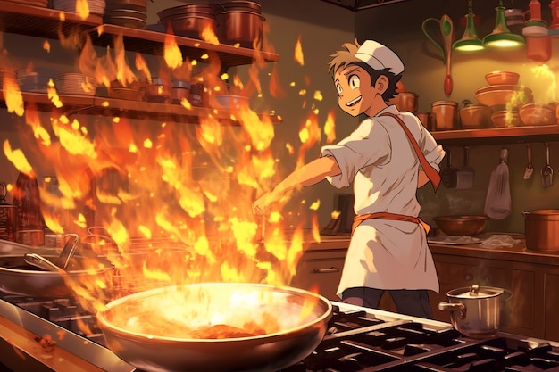 Bezpłatne zdjęcie postać szefa kuchni w stylu anime z ogniem
