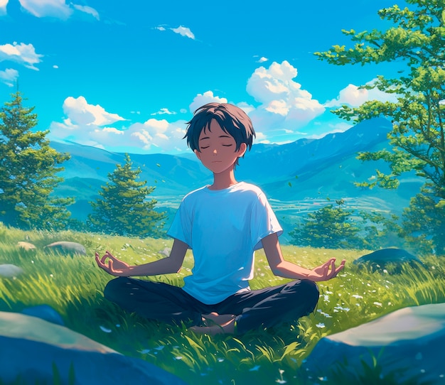 Postać w stylu anime medytująca i rozważająca uważność