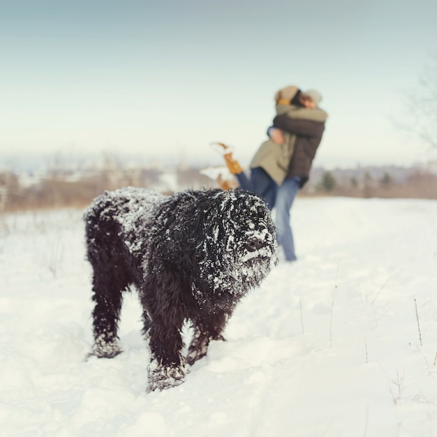 Potomstwa dobierają się odprowadzenie z psem w zima dniu