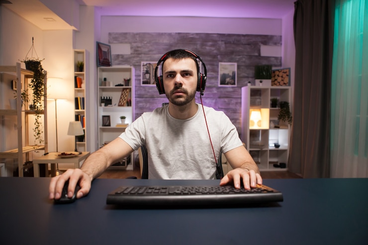 Bezpłatny plik Zdjęcie pov profesjonalnych strzelanek online z zestawem słuchawkowym.