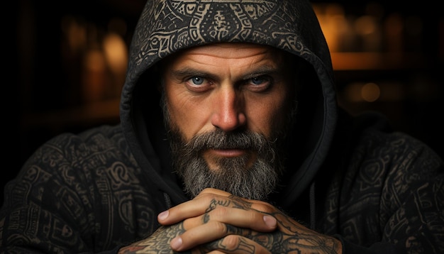 Poważny mężczyzna z ciemnym tatuażem na kapturze i brodą wyglądającą na wygenerowaną przez sztuczną inteligencję