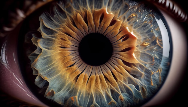 Powiększone pojedyncze żółte rybie oko z abstrakcyjnym wzorem generowanym przez sztuczną inteligencję