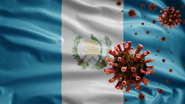 Powiewająca flaga gwatemali z epidemią koronawirusa infekującą układ oddechowy jako groźną grypą