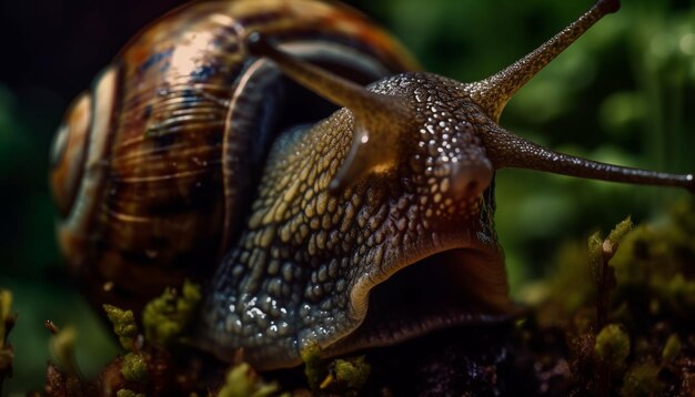 Powoli pełzający oślizgły ślimak ogrodowy zjada wygenerowany przez sztuczną inteligencję