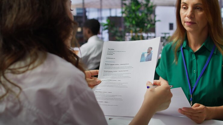 Bezpłatny plik Zdjęcie pracodawcy ds. kadr analizują życiorys kandydata po rozmowie kwalifikacyjnej
