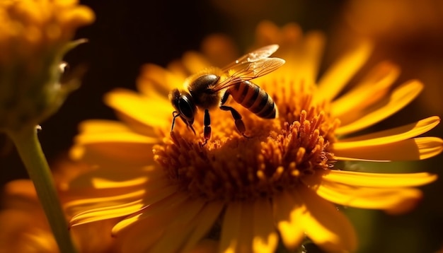 Pracowita pszczoła miodna zapyla żółty kwiat stokrotki generowany przez sztuczną inteligencję