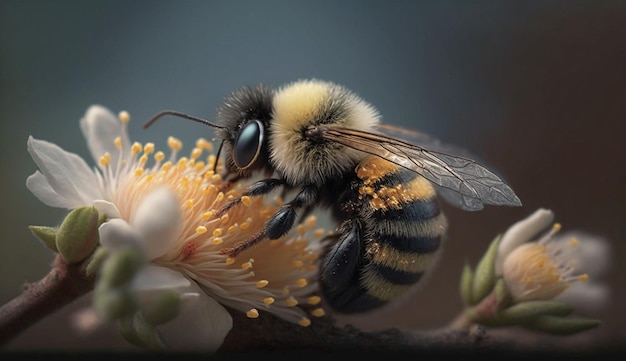 Pracowita pszczoła zapylająca kwiat trzmiela w pracy generowana przez sztuczną inteligencję