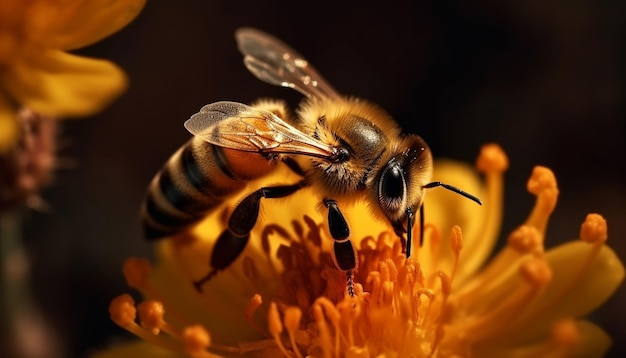 Pracowita pszczoła zbierająca pyłek z żółtego kwiatu generowana przez sztuczną inteligencję