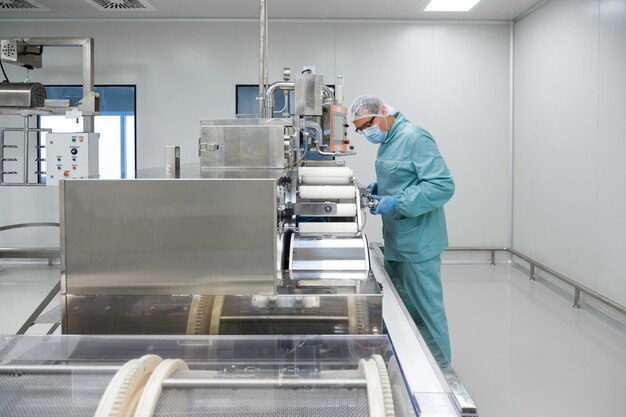 Pracownik fabryki przemysłu farmaceutycznego w odzieży ochronnej w sterylnych warunkach pracy na sprzęcie farmaceutycznym
