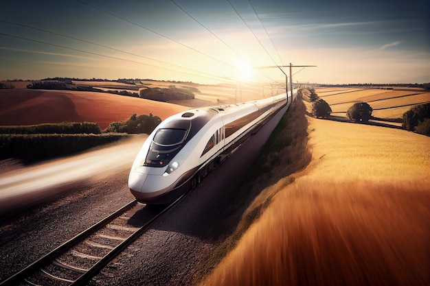 Bezpłatne zdjęcie prędkość transportu torów kolejowych zachód słońca tryb transportu ruchu podróż na zewnątrz generatywnej sztucznej inteligencji