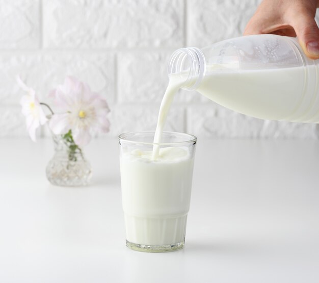 Proces przelewania świeżego mleka z plastikowej butelki do szklanego kubka, biały stół
