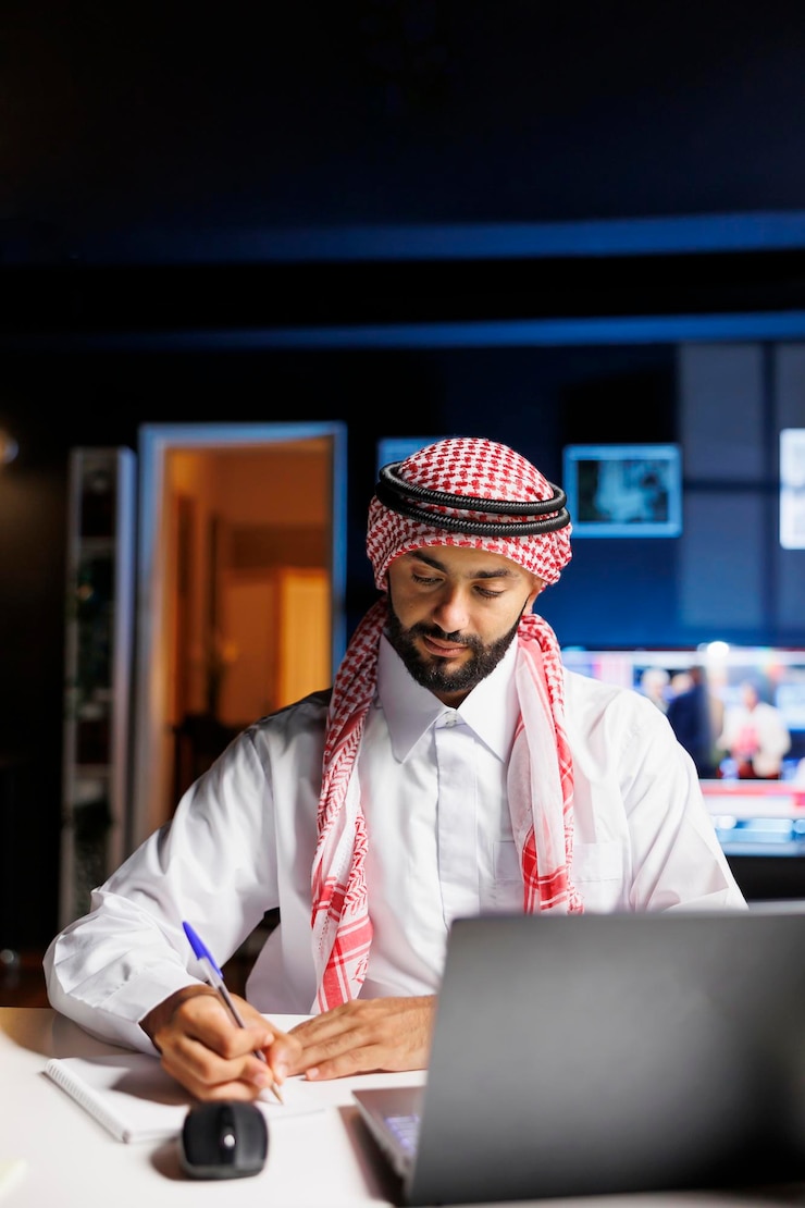 Bezpłatny plik Zdjęcie profesjonalny muzułmanin wykorzystuje technologię do wydajnej pracy w biurze, przeglądania internetu i pisania notatek z laptopa. młody arabski student używa swojego notatnika i minikomputera do badań.