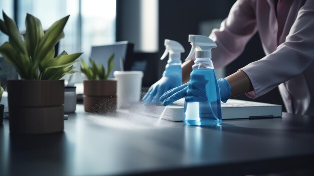 Profesjonalny personel sprzątający dezynfekujący biurko za pomocą sprayów i chusteczek