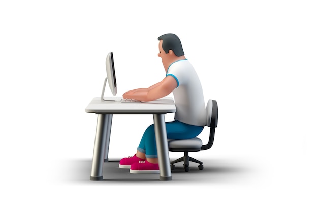 Programista kodera siedzący przy stole z monitorem komputera stacjonarnego, piszący kodowanie renderowania 3d