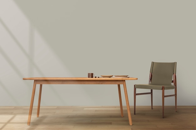 Projekt wnętrza jadalni Japandi z drewnianym stołem
