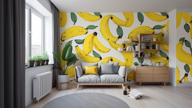 Projekt wnętrza z tapetą bananową