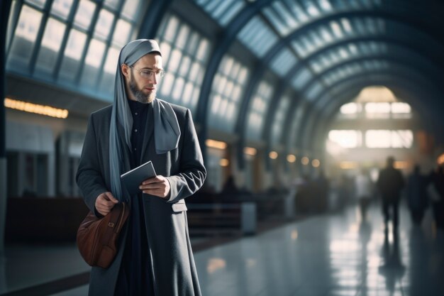 Przedni widok islamskiego mężczyzny podróżującego
