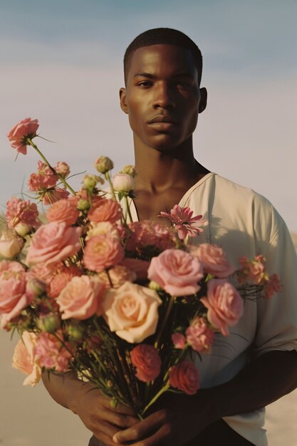 Przedni widok młodego mężczyzny pozującego z kwiatami