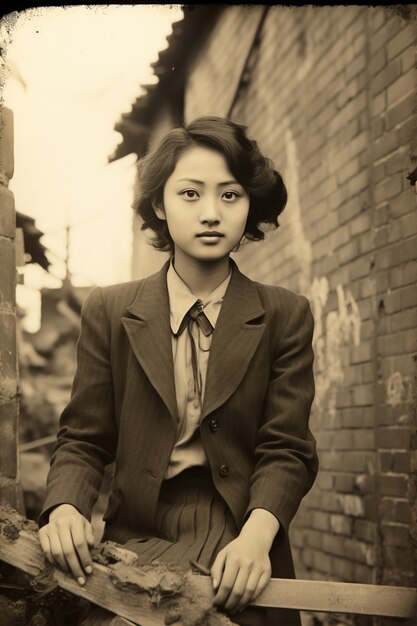 Przedni widok młodej dziewczyny pozującej na vintage portret