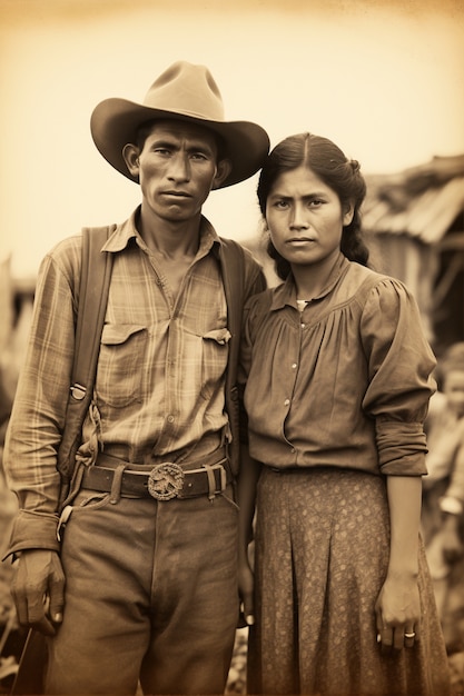 Bezpłatne zdjęcie przednia widok młoda para pozująca na vintage portret