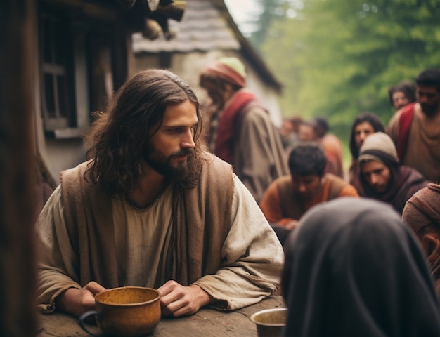 Bezpłatne zdjęcie przedstawienie jezusa z chrześcijaństwa religii z innymi ludźmi