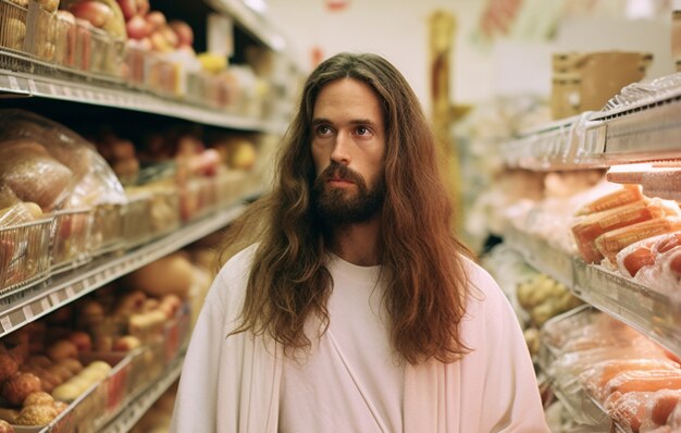 Przedstawienie Jezusa z religii chrześcijańskiej w supermarkecie