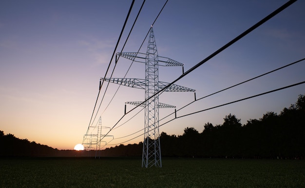 Bezpłatne zdjęcie przemysłowa wieża energetyczna z napowietrznymi liniami energetycznymi nad horyzontem zachodu słońca. odnawialne źródła energii elektrycznej poruszające się w sieci połączonych kabli elektrycznych, animacja renderowania 3d