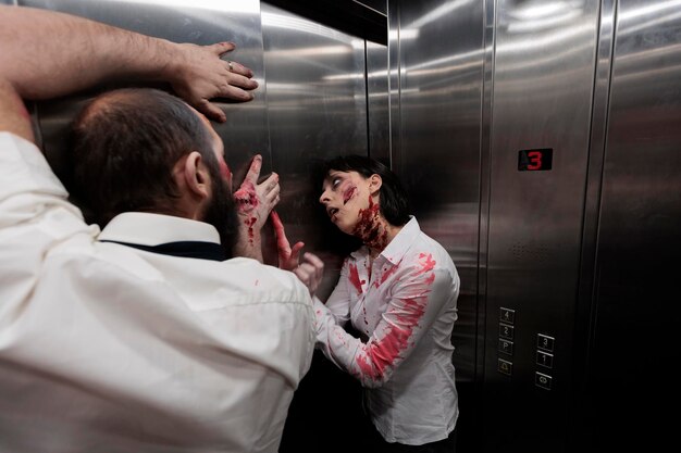 Przerażające złe zombie pełzające po ścianach windy, przygotowujące przerażający złowrogi atak w biurze firmy. Mózg jedzący chodzący martwi zabójcy wyglądający agresywnie i niebezpiecznie z krwawymi bliznami.