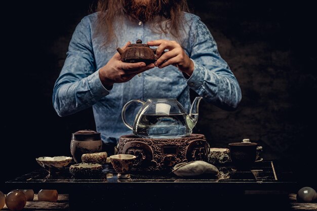 Przycięty obraz brodatego rudego mężczyzny w niebieskiej koszuli, przygotowującego herbatę za pomocą ręcznie robionego zestawu do herbaty. Koncepcja ceremonii parzenia herbaty.