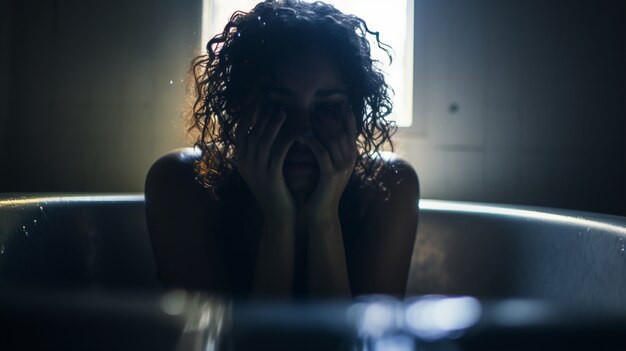 Przygnębiona osoba płacze w wannie