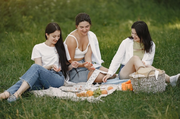 Przyjaciele siedzą na trawie. Dziewczyny na kocu. Kobieta w białej koszuli.