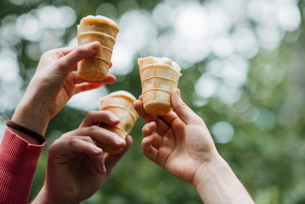 Przyjaciele trzyma lody w rękach w parku