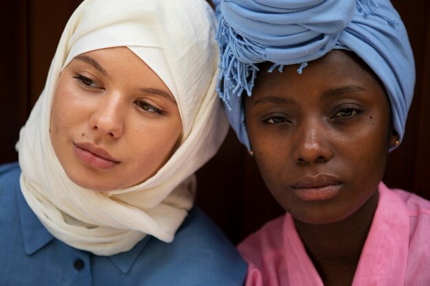 Przyjaciele z widokiem z przodu w hidżabie