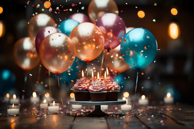 Przyjęcie urodzinowe z balonami, ciastem, brokatem i konfetti w tle