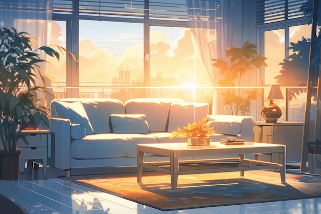 Bezpłatne zdjęcie przytulne wnętrze domu w stylu anime