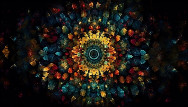 Psychodeliczny kwiat o żywych kolorach abstrakcyjny projekt oświetlony generowany przez sztuczną inteligencję