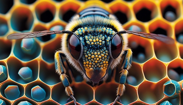 Bezpłatne zdjęcie pszczoła siedzi na plastrze miodu w kolorze niebieskim i żółtym.