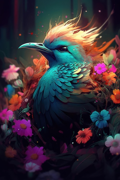 Bezpłatne zdjęcie ptak w kolorowych kolorowych kwiatach generative ai