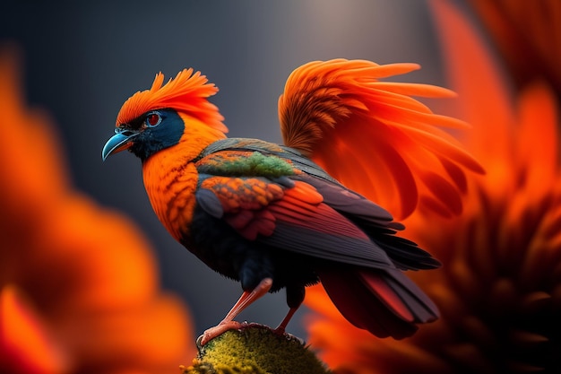 Ptak z jasnopomarańczowymi piórami i czarną głową, która mówi „ptak to ptak”