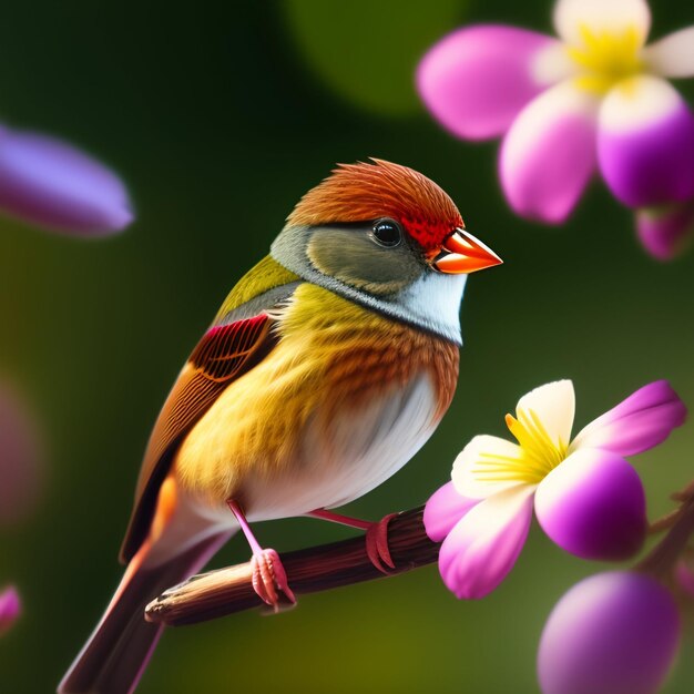 Ptak z żółtą głową i niebieskimi oczami siedzi na gałęzi fioletowych kwiatów.