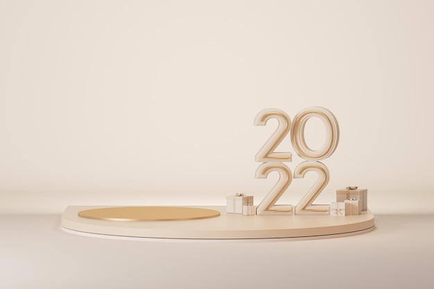 Pudełko na podium i numery 2022 na pastelowym tle na boże narodzenie szczęśliwego nowego roku renderowania 3d
