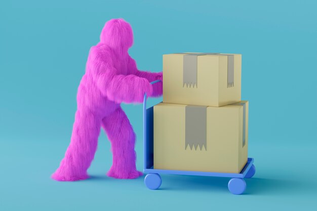Purpurowy yeti kreskówka z pudełkami