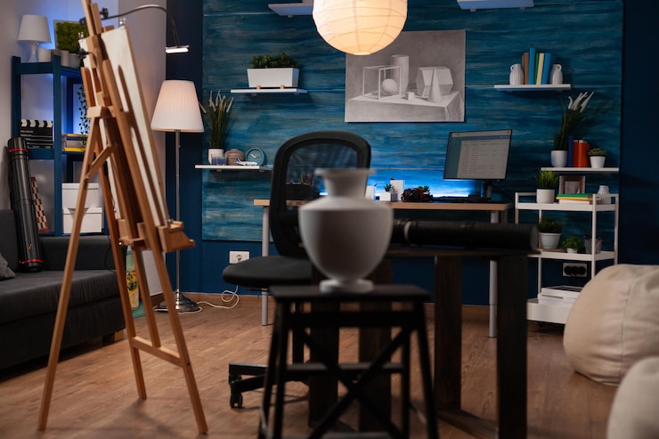 Bezpłatny plik Zdjęcie puste studio grafiki ze sprzętem do rysowania. sala warsztatowa wypełniona malarstwem artystycznym, projektowaniem rękodzieła, białym płótnem i narzędziami artystycznymi dla artysty z wyobraźnią. pojęcie kreatywności