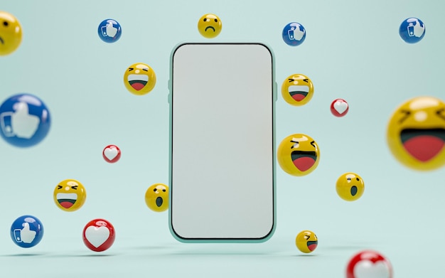 Bezpłatne zdjęcie pusty ekran smartfona z ikoną miłości i emocji dla koncepcji marketingu mediów społecznościowych przez renderowanie 3d