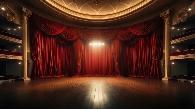 Pusty teatr z czerwoną zasłoną na scenie