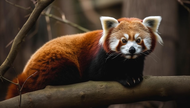 Bezpłatne zdjęcie puszysta czerwona panda siedząca na gałęzi drzewa wygenerowana przez sztuczną inteligencję