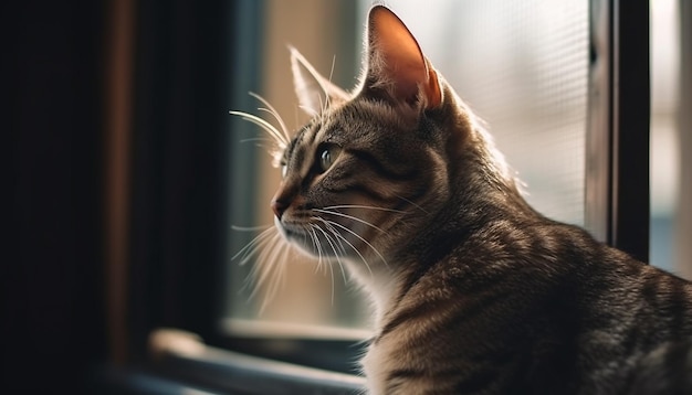 Puszysty kotek wyglądający przez okno, cieszący się światłem słonecznym generowanym przez sztuczną inteligencję