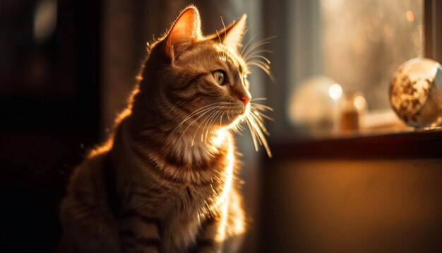 Puszysty kotek wyglądający przez okno w świetle słonecznym generowanym przez sztuczną inteligencję